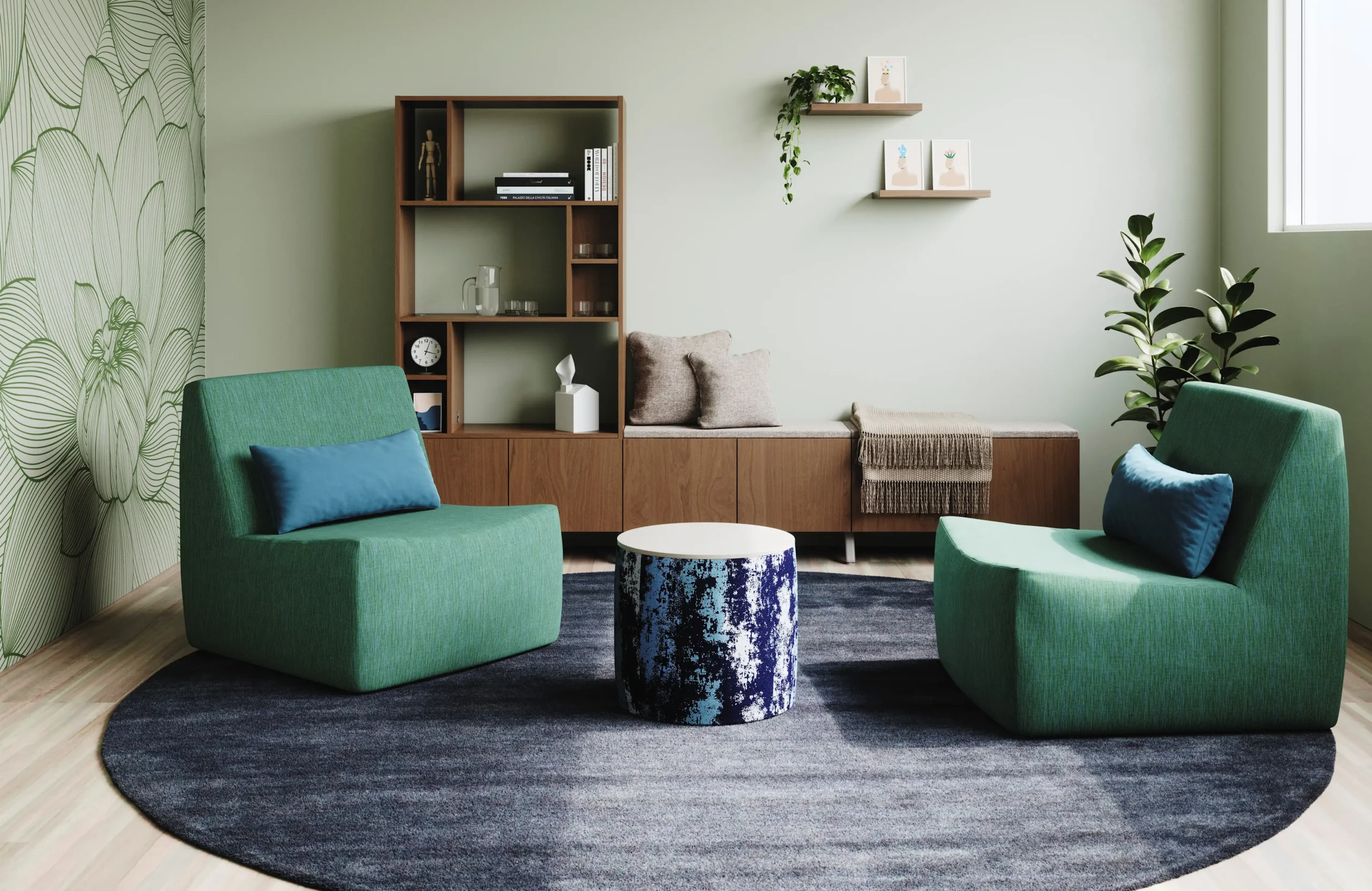 Behavioral health environments are designed to create safe, calming, and restorative spaces. Furniture with durable, weighted, and tamper-resistant construction reduces risk, while soft finishes and biophilic elements help support healing and comfort.