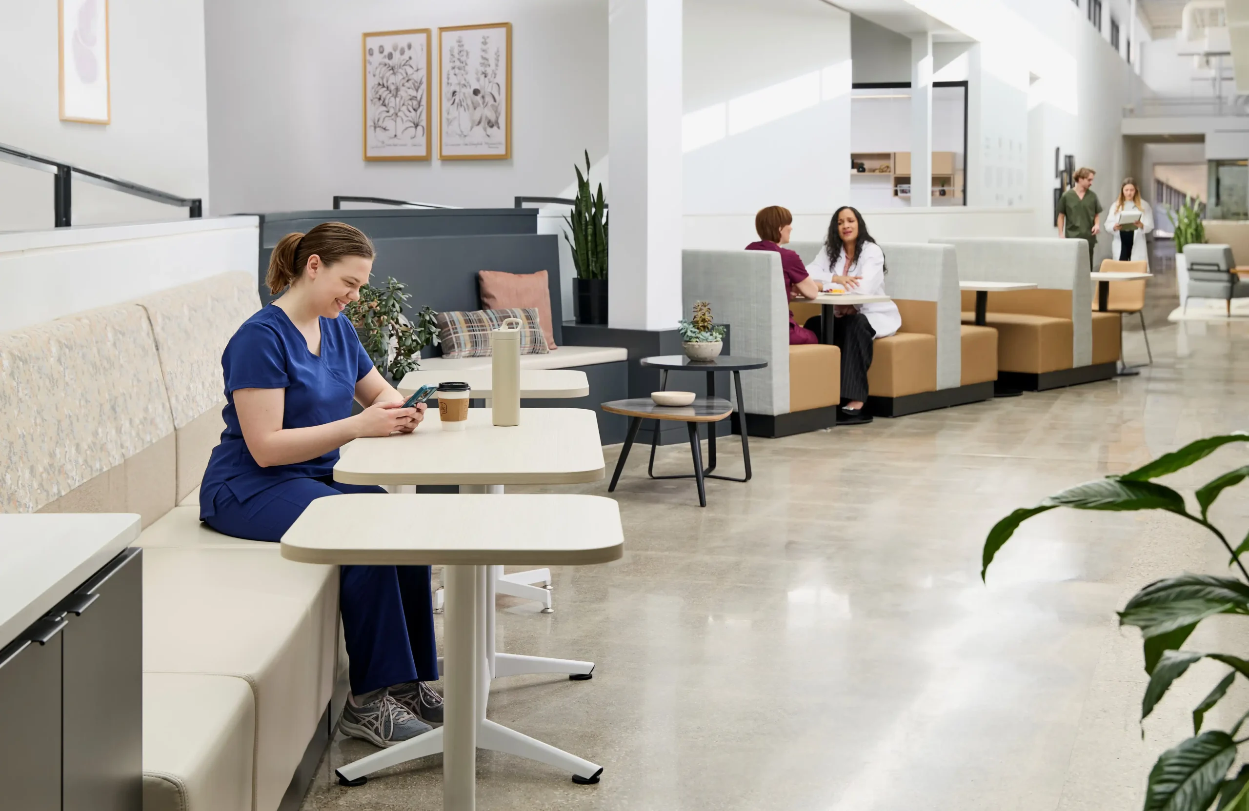 Breakrooms provide staff with spaces to rest, recharge, and connect with one another. Comfortable seating and flexible layouts encourage relaxation and informal collaboration, supporting caregiver well-being and resilience throughout the day.