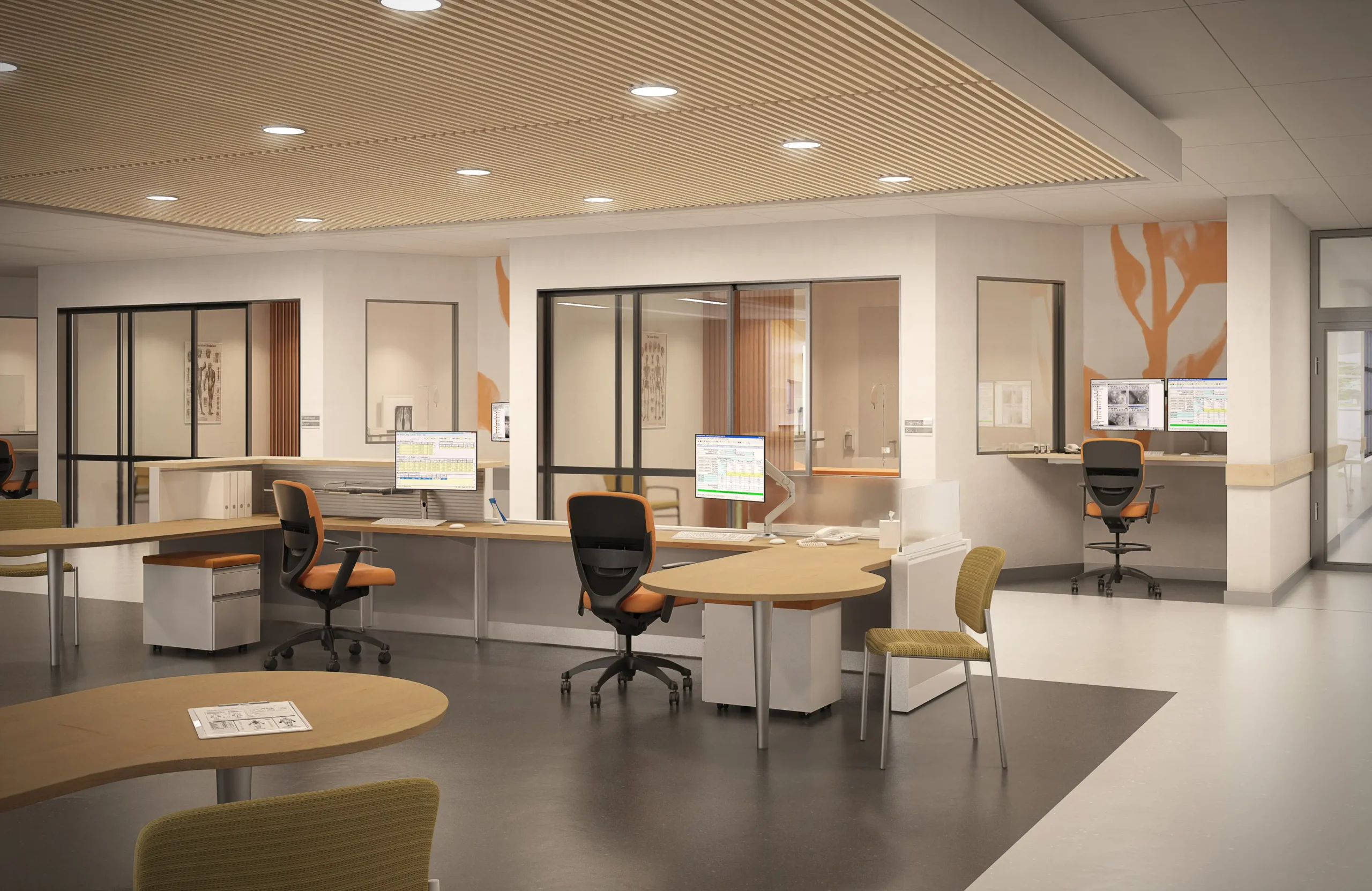 Team hubs are designed to support collaboration, visibility, and efficiency. Open sightlines improve patient monitoring, while ergonomic workstations reduce caregiver fatigue. Access to technology and organized layouts streamline workflow, helping staff deliver safe and effective care.