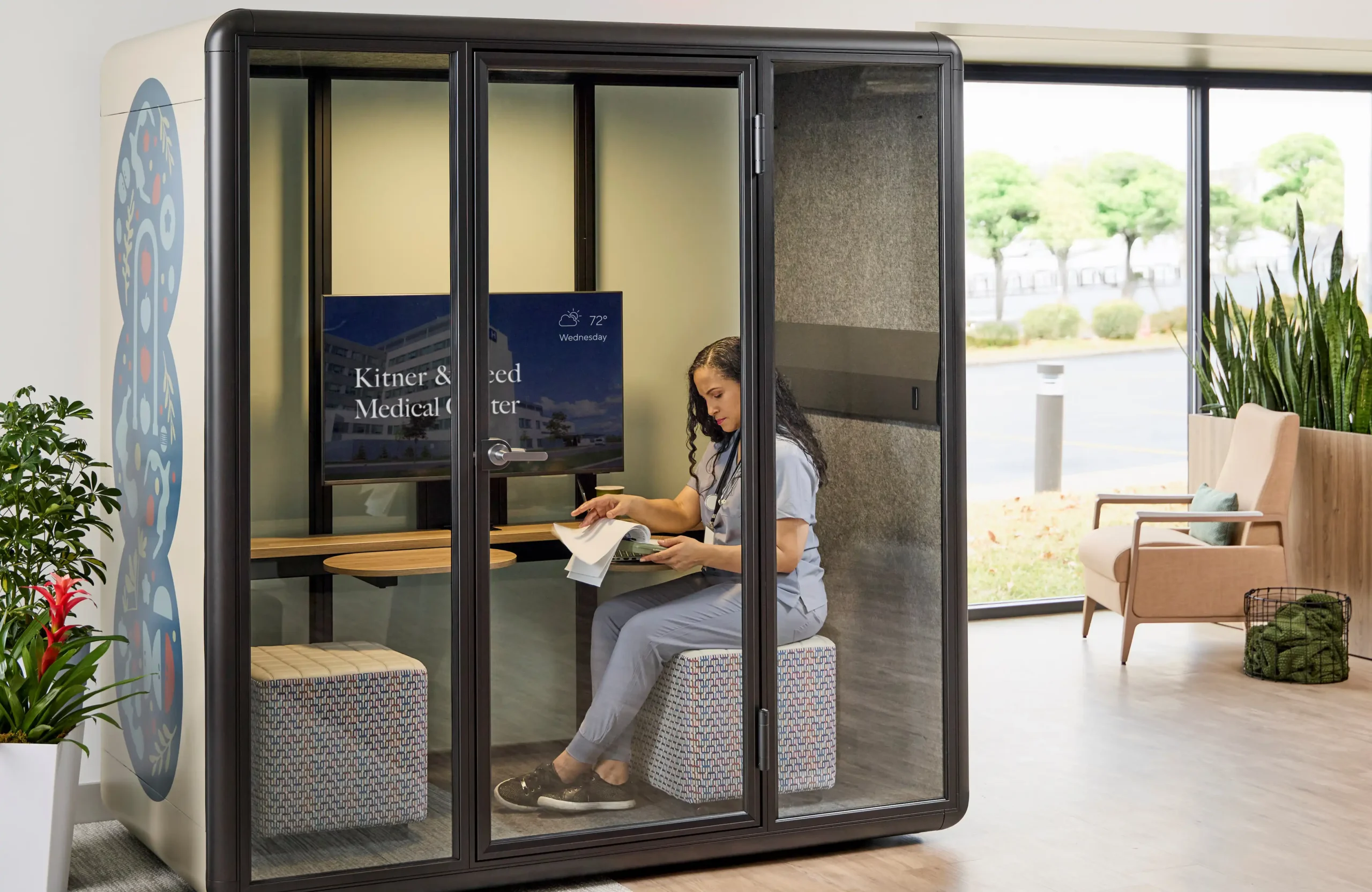 Dedicated spaces for collaboration allow care teams to share knowledge, discuss cases, and problem-solve together. Comfortable seating and flexible layouts encourage communication, which strengthens teamwork and supports better patient outcomes.