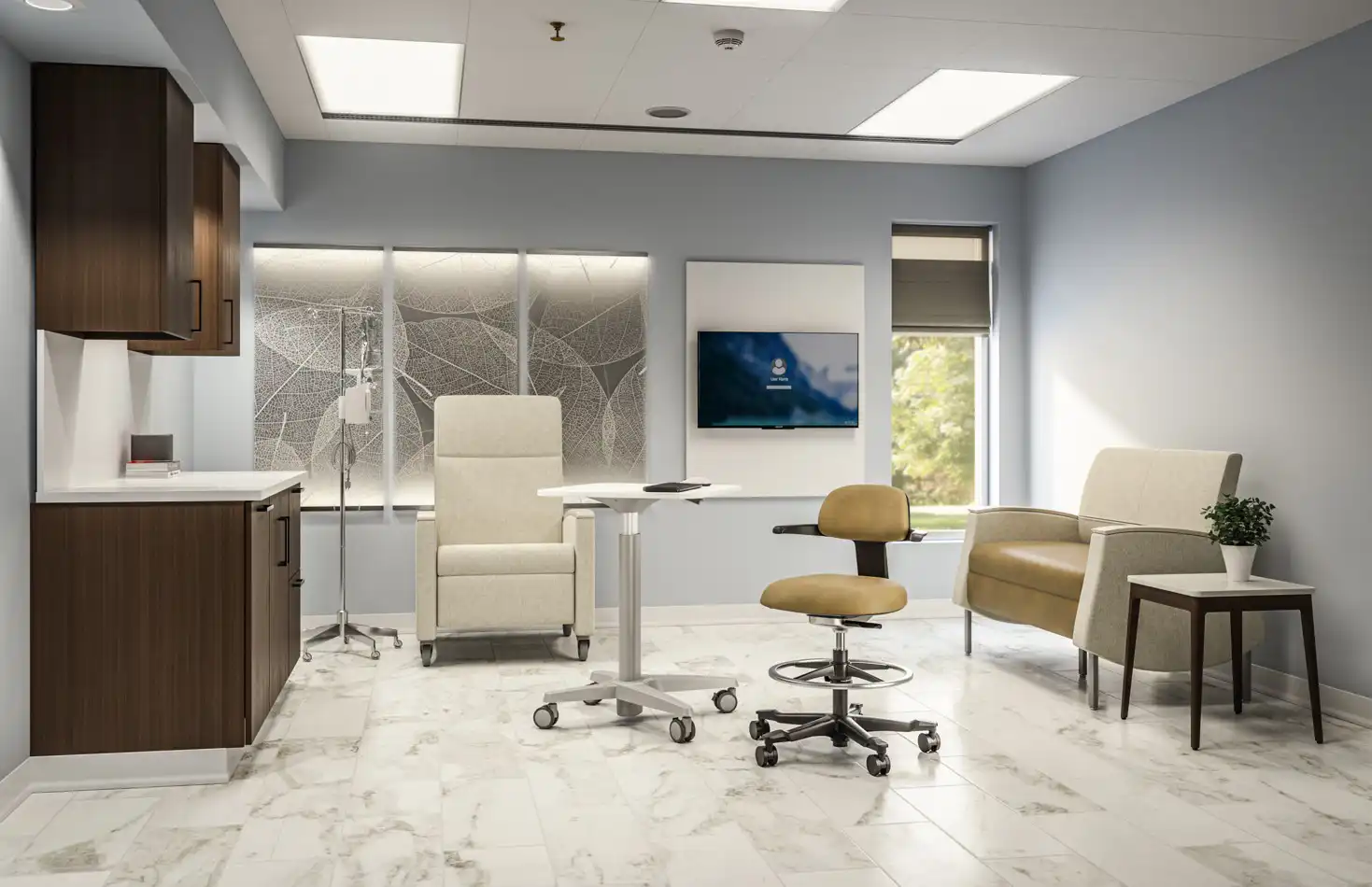 Patient rooms are designed to support both healing and human connection. Recliners and guest seating create comfort for patients and families, while durable, cleanable finishes ensure infection control and long-term performance.