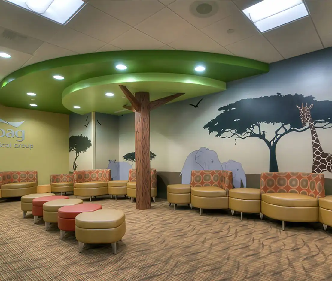 A playful, themed waiting area helps reduce anxiety for young patients, creating a welcoming environment that supports comfort, distraction, and a positive healthcare experience.