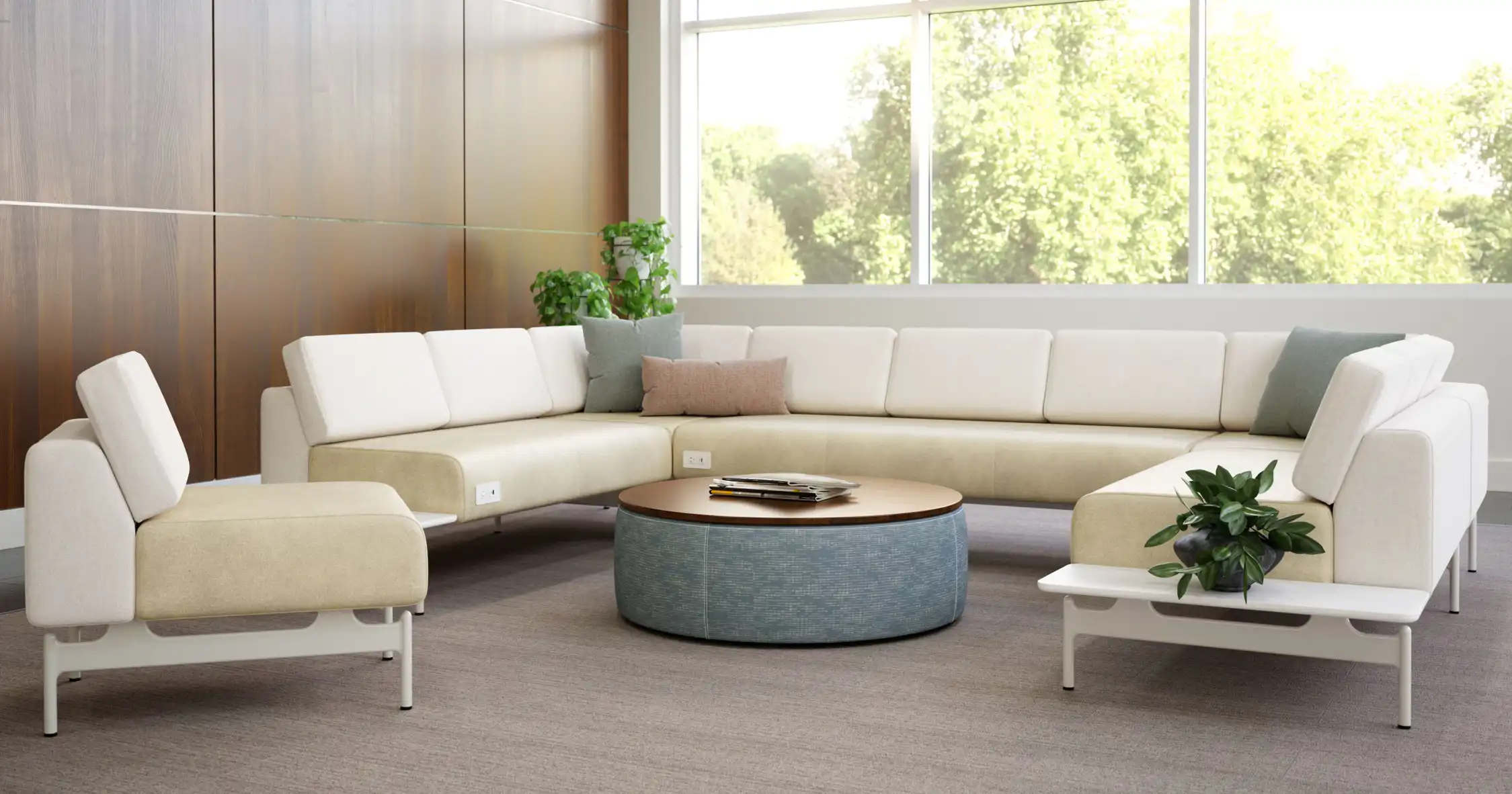 Modular seating with built-in power supports flexibility, comfort, and connectivity, allowing spaces to adapt to different group sizes while keeping patients and visitors engaged and connected.