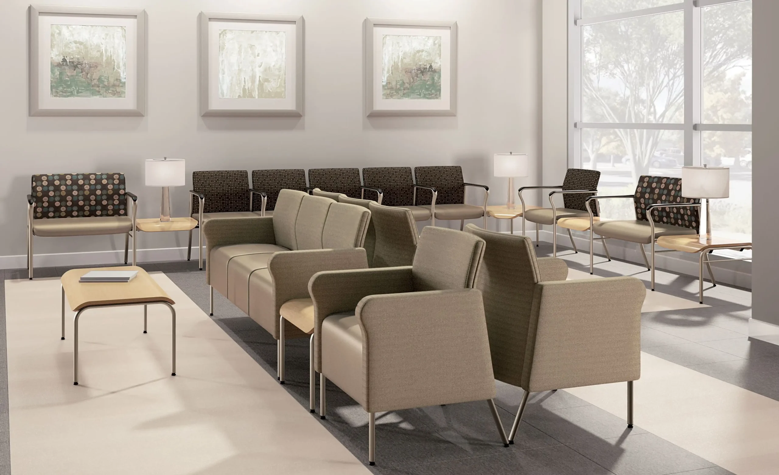 Flexible seating arrangements accommodate a variety of patient and visitor needs, supporting comfort, accessibility, and efficient use of space in waiting areas.