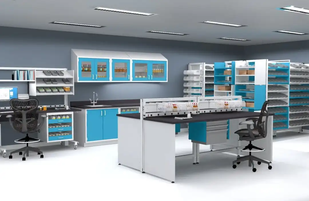 Pharmacy environments balance security, efficiency, and accuracy. Modular shelving and workstations provide easy access to medications while supporting compliance with safety standards. Clear organization ensures staff can focus on patient safety and streamlined dispensing.