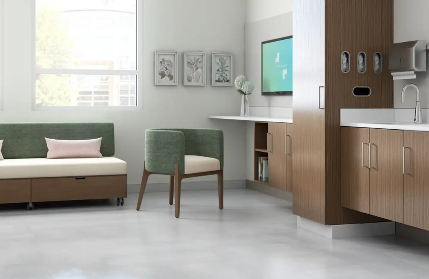 Patient care spaces are designed to promote comfort and support for both patients and their families. Flexible guest seating and sleeper options allow loved ones to stay close, while integrated storage and cleanable finishes help maintain a safe and organized environment.
