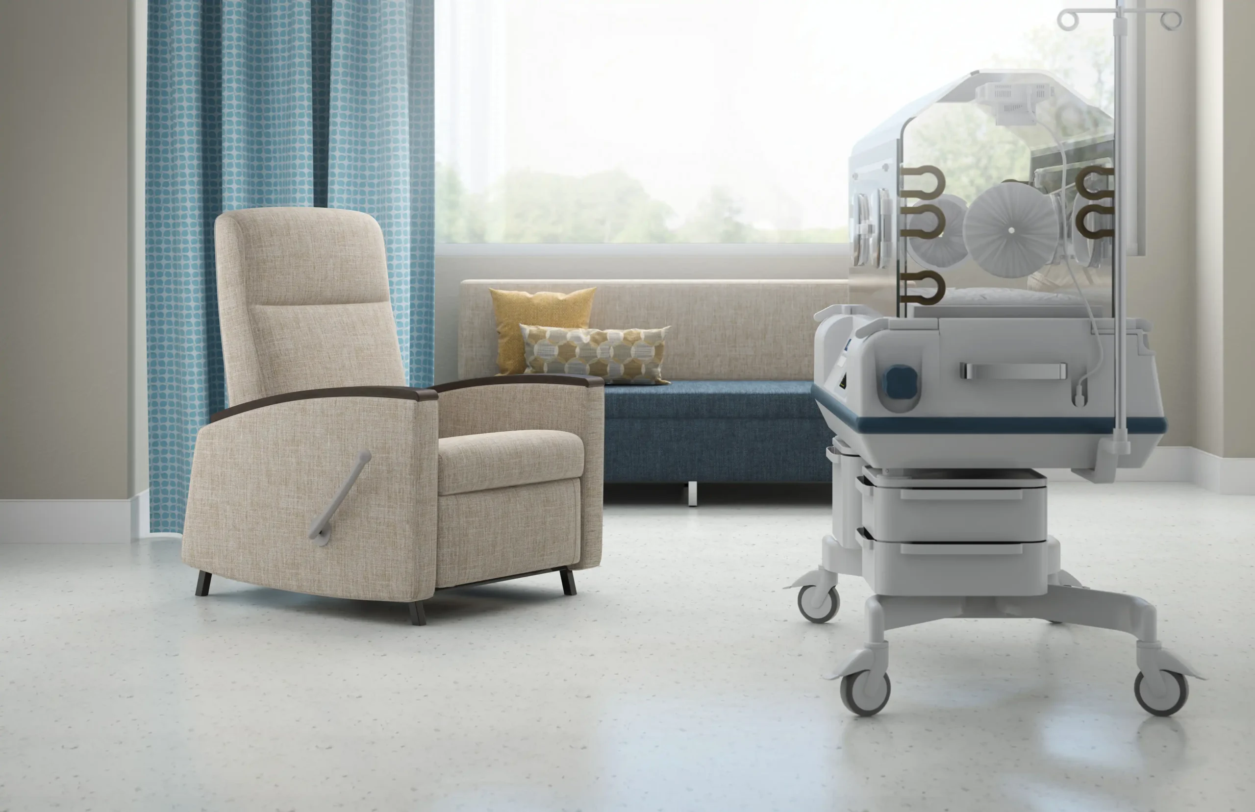 Neonatal care spaces are designed to support both infants and families. Recliners allow parents to stay close and participate in care, while sleeper sofas provide comfort for extended stays. Durable finishes and thoughtful layouts create a supportive environment for healing and bonding.